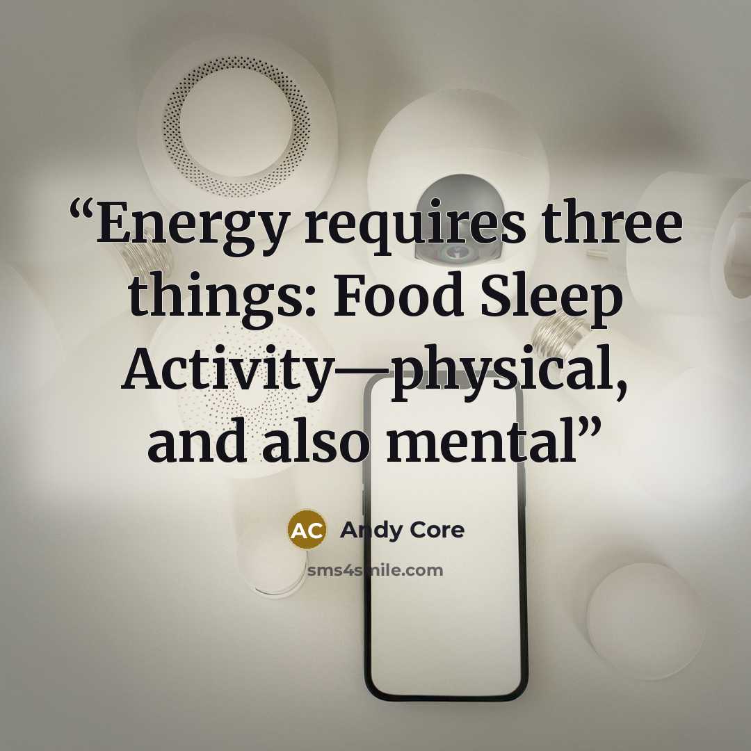 “Energy requires three things: Food Sleep Activity—physical, and also mental” quote by Andy Core