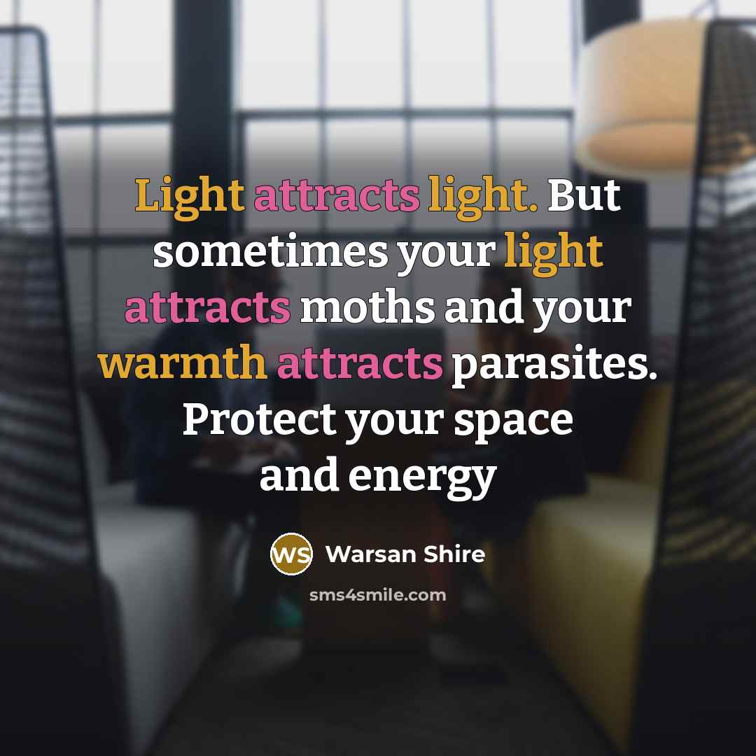 “Light attracts light. But sometimes your light attracts moths and your warmth attracts parasites. Protect your space and energy” quote by Warsan Shire