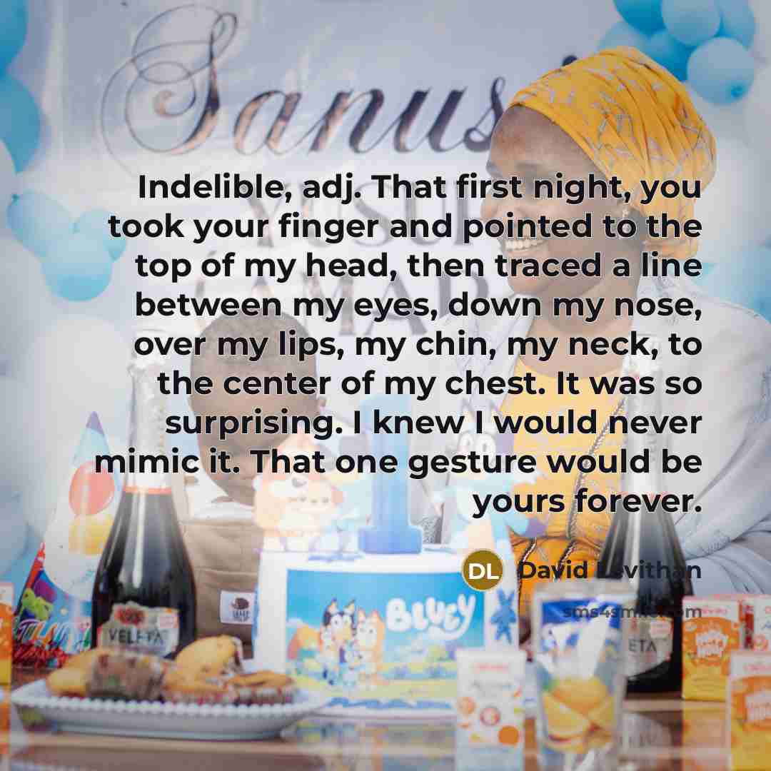 “Indelible, adj. That first night, you took your finger and pointed to the top of my head, then traced a line between my eyes, down my nose, over my lips, my chin, my neck, to the center of my chest. It was so surprising. I knew I would never mimic it. That one gesture would be yours forever.” quote by David Levithan