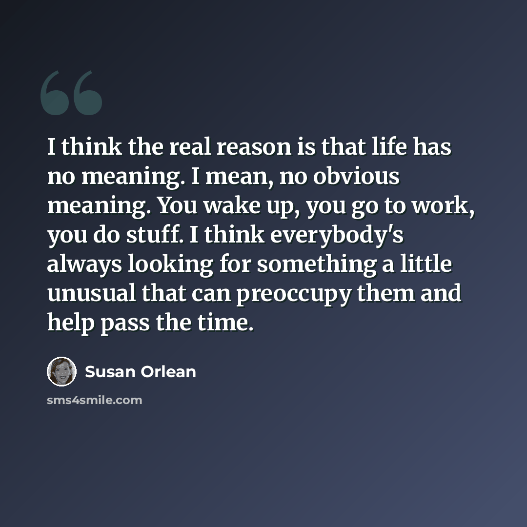 “I think the real reason is that life has no meaning. I mean, no obvious meaning. You wake up, you go to work, you do stuff. I think everybody's always looking for something a little unusual that can preoccupy them and help pass the time.” quote by Susan Orlean