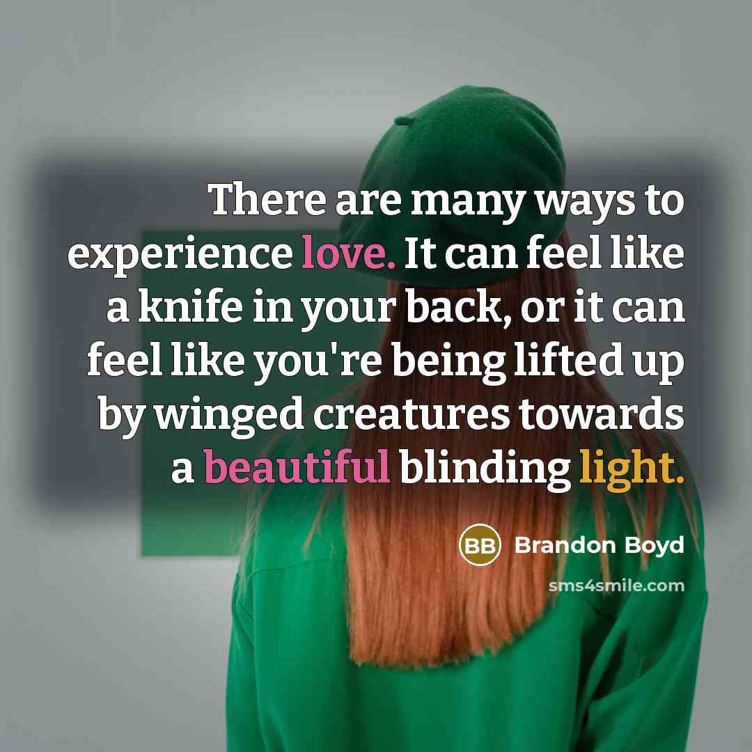 “There are many ways to experience love. It can feel like a knife in your back, or it can feel like you're being lifted up by winged creatures towards a beautiful blinding light.” quote by Brandon Boyd