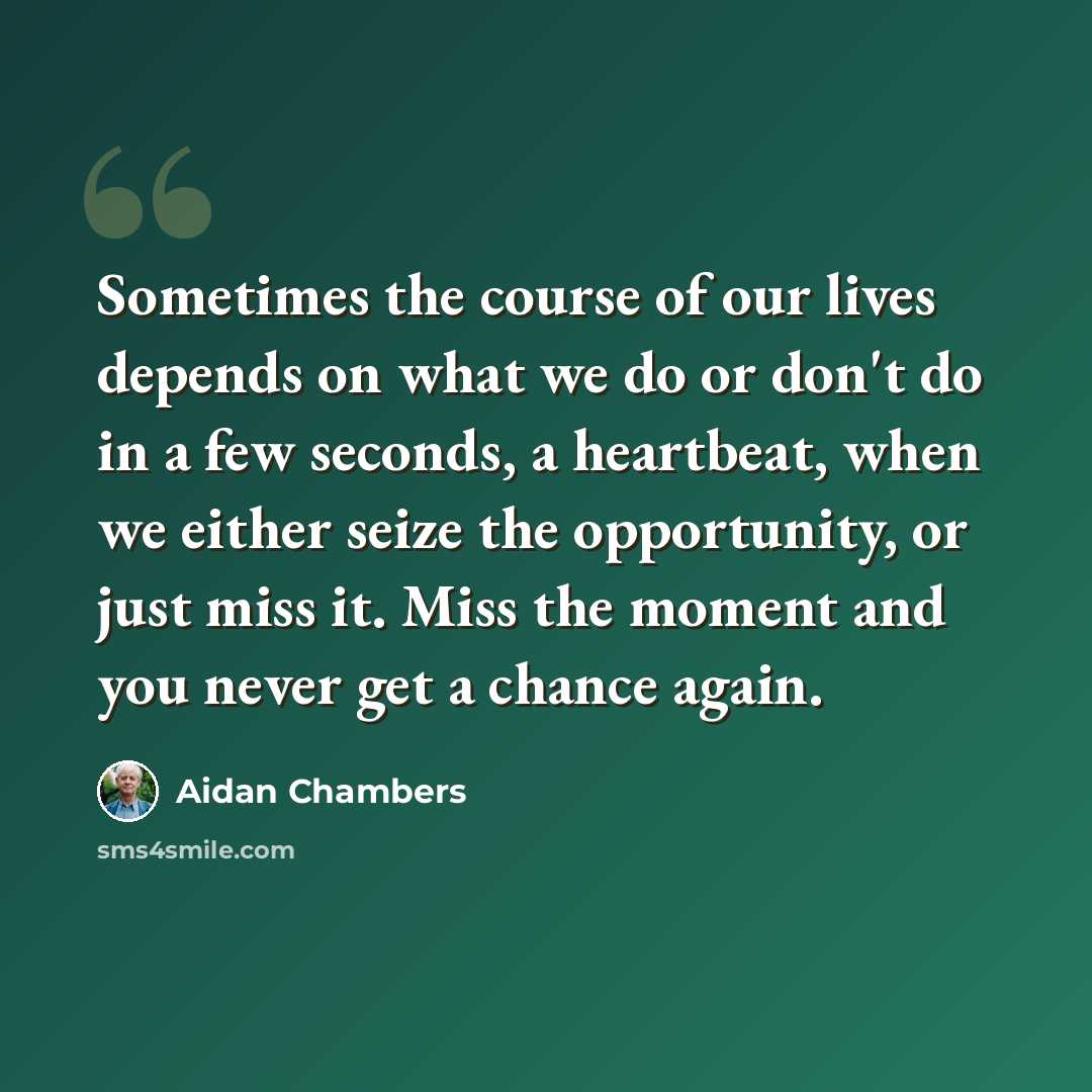 “Sometimes the course of our lives depends on what we do or don't do in a few seconds, a heartbeat, when we either seize the opportunity, or just miss it. Miss the moment and you never get a chance again.” quote by Aidan Chambers