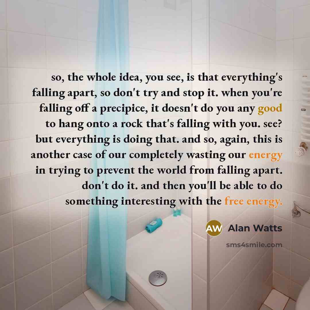 “so, the whole idea, you see, is that everything's falling apart, so don't try and stop it. when you're falling off a precipice, it doesn't do you any good to hang onto a rock that's falling with you. see? but everything is doing that. and so, again, this is another case of our completely wasting…” quote by Alan Watts