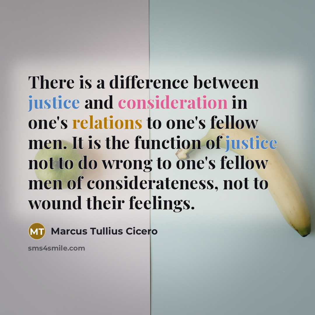 “There is a difference between justice and consideration in one's relations to one's fellow men. It is the function of justice not to do wrong to one's fellow men of considerateness, not to wound their feelings.” quote by Marcus Tullius Cicero