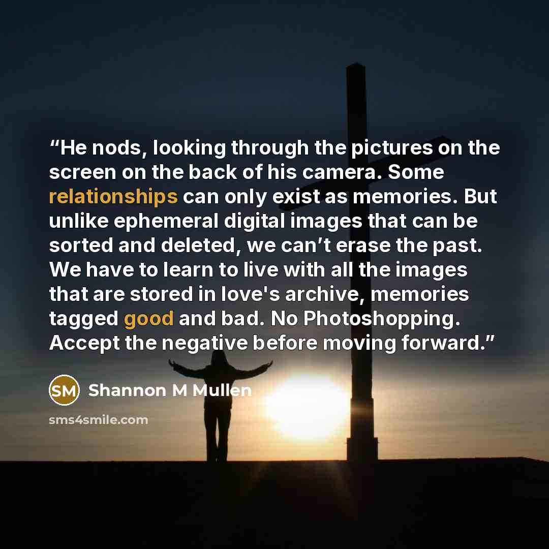 “He nods, looking through the pictures on the screen on the back of his camera. Some relationships can only exist as memories. But unlike ephemeral digital images that can be sorted and deleted, we can’t erase the past. We have to learn to live with all the images that are stored in love's archive…” quote by Shannon M Mullen