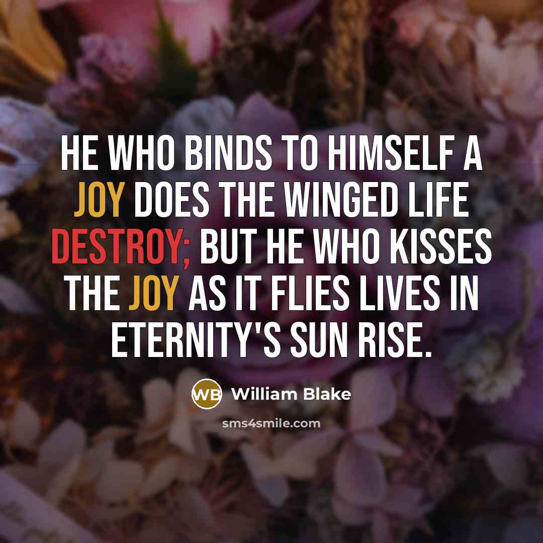 “He who binds to himself a joy Does the winged life destroy; But he who kisses the joy as it flies Lives in eternity's sun rise.” quote by William Blake