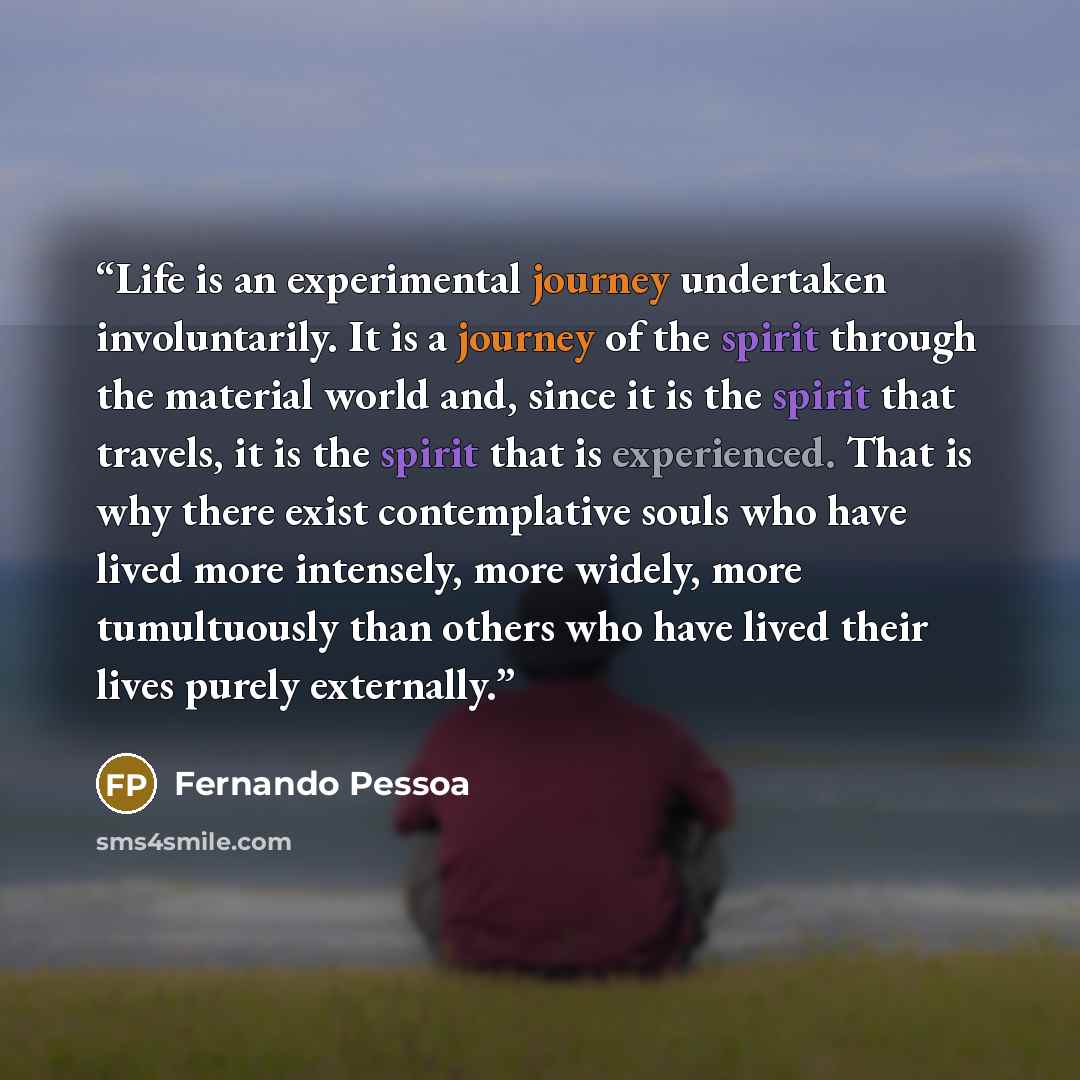 “Life is an experimental journey undertaken involuntarily. It is a journey of the spirit through the material world and, since it is the spirit that travels, it is the spirit that is experienced. That is why there exist contemplative souls who have lived more intensely, more widely, more…” quote by Fernando Pessoa