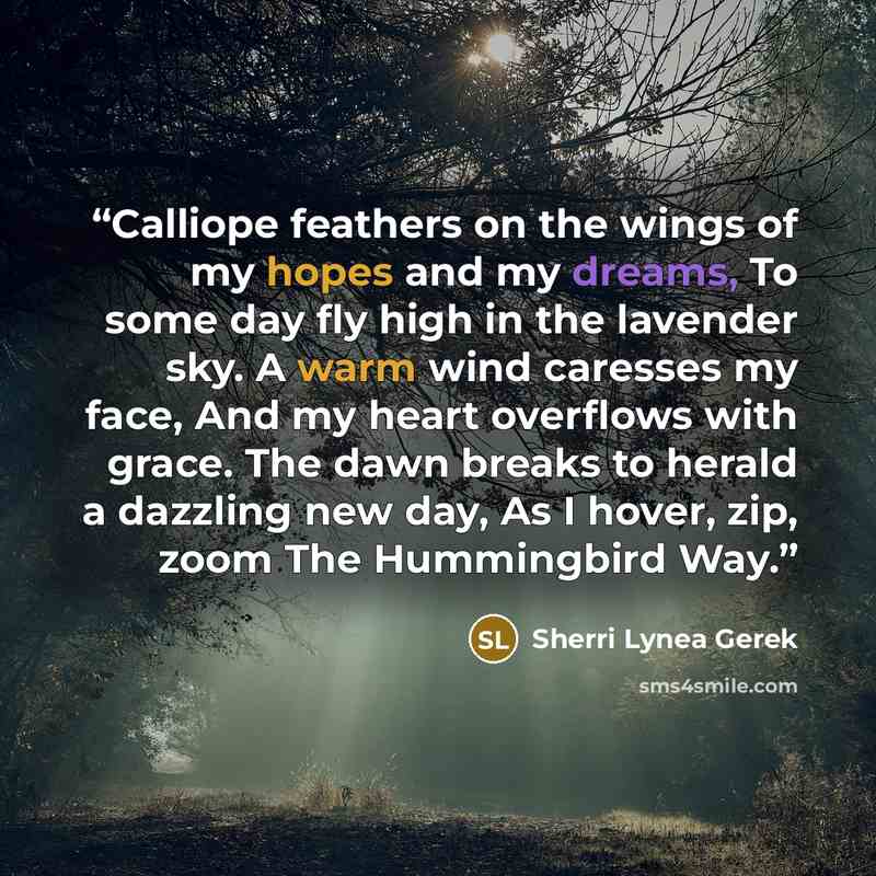 “Calliope feathers on the wings of my hopes and my dreams, To some day fly high in the lavender sky. A warm wind caresses my face, And my heart overflows with grace. The dawn breaks to herald a dazzling new day, As I hover, zip, zoom The Hummingbird Way.” quote by Sherri Lynea Gerek