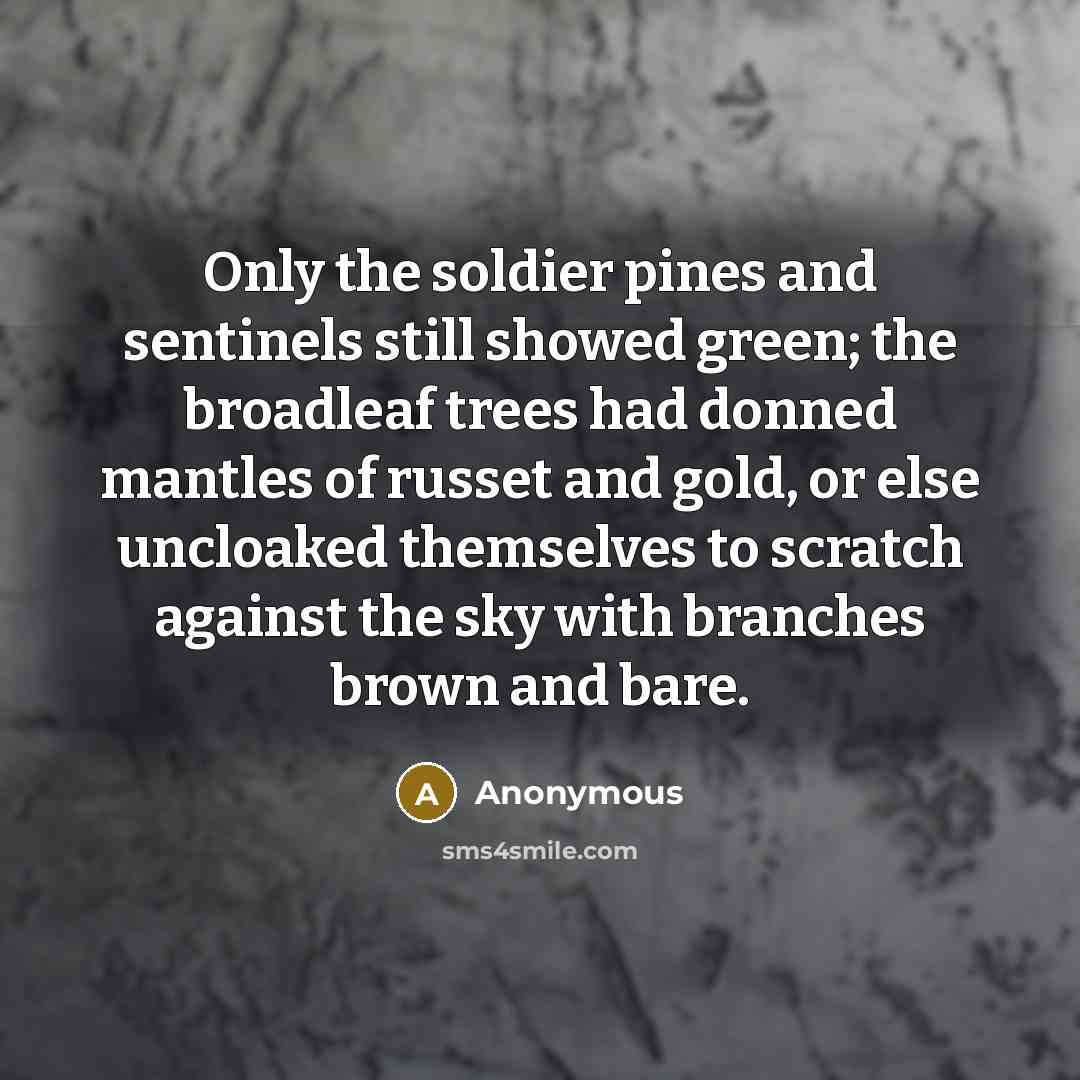 “Only the soldier pines and sentinels still showed green; the broadleaf trees had donned mantles of russet and gold, or else uncloaked themselves to scratch against the sky with branches brown and bare.” quote by Anonymous