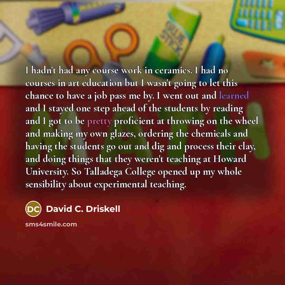 “I hadn't had any course work in ceramics. I had no courses in art education but I wasn't going to let this chance to have a job pass me by. I went out and learned and I stayed one step ahead of the students by reading and I got to be pretty proficient at throwing on the wheel and making my own…” quote by David C. Driskell