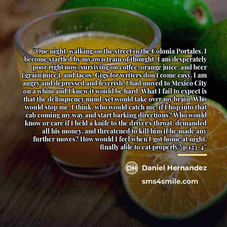 “One night, walking on the street in the Colonia Portales, I become startled by my own train of thought. I am desperately poor right now, surviving on coffee, orange juice, and beer ('grain juice'), and tacos. Gigs for writers don't come easy. I am angry and depressed and feverish. I had moved to…” quote by Daniel Hernandez
