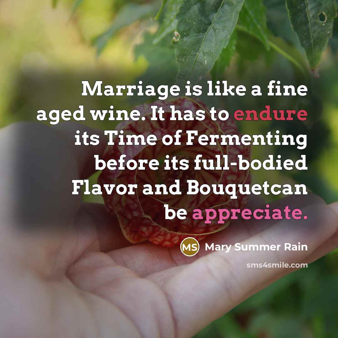 “Marriage is like a fine aged wine. It has to endure its Time of Fermenting before its full-bodied Flavor and Bouquetcan be appreciate.” quote by Mary Summer Rain