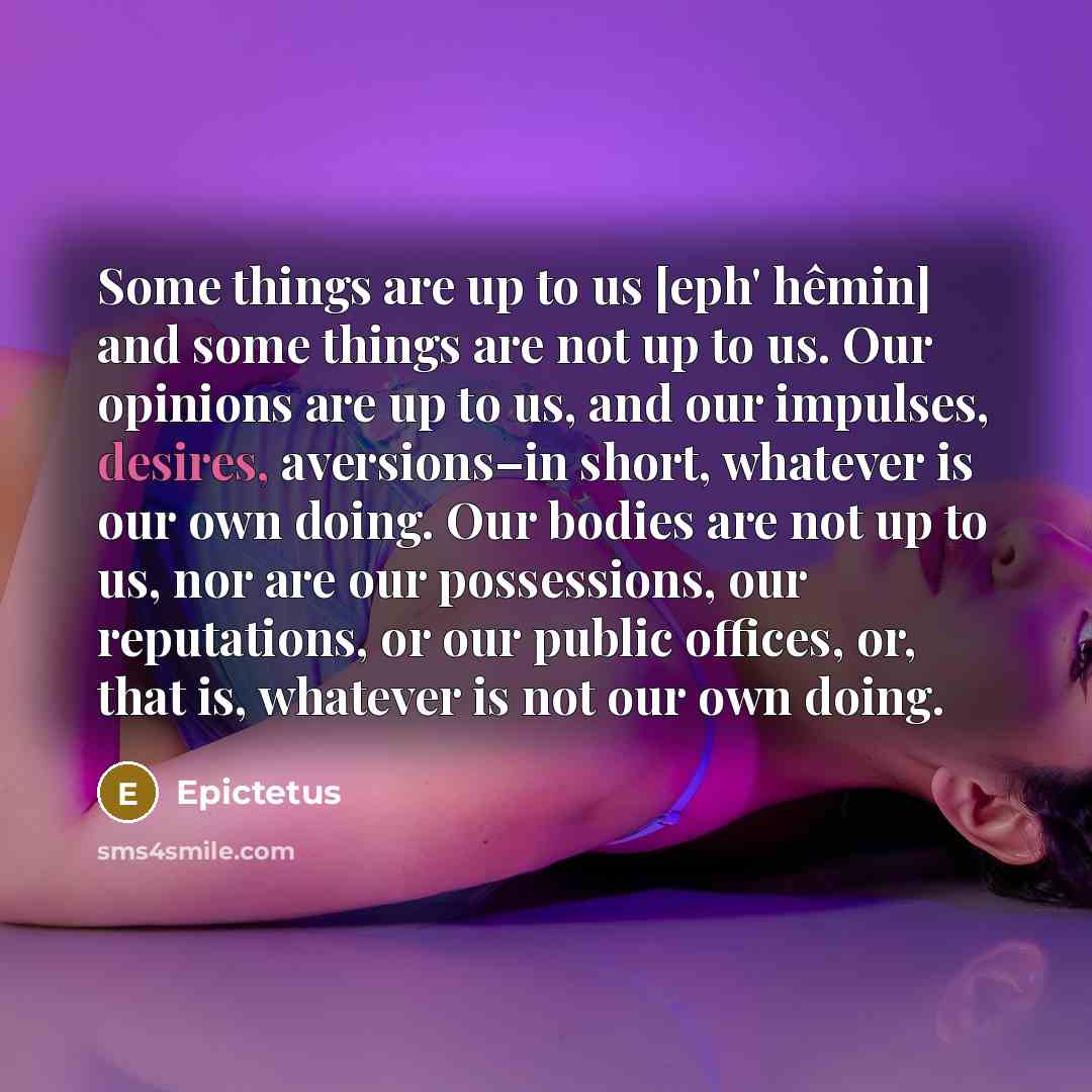 “Some things are up to us [eph' hêmin] and some things are not up to us. Our opinions are up to us, and our impulses, desires, aversions–in short, whatever is our own doing. Our bodies are not up to us, nor are our possessions, our reputations, or our public offices, or, that is, whatever is not…” quote by Epictetus