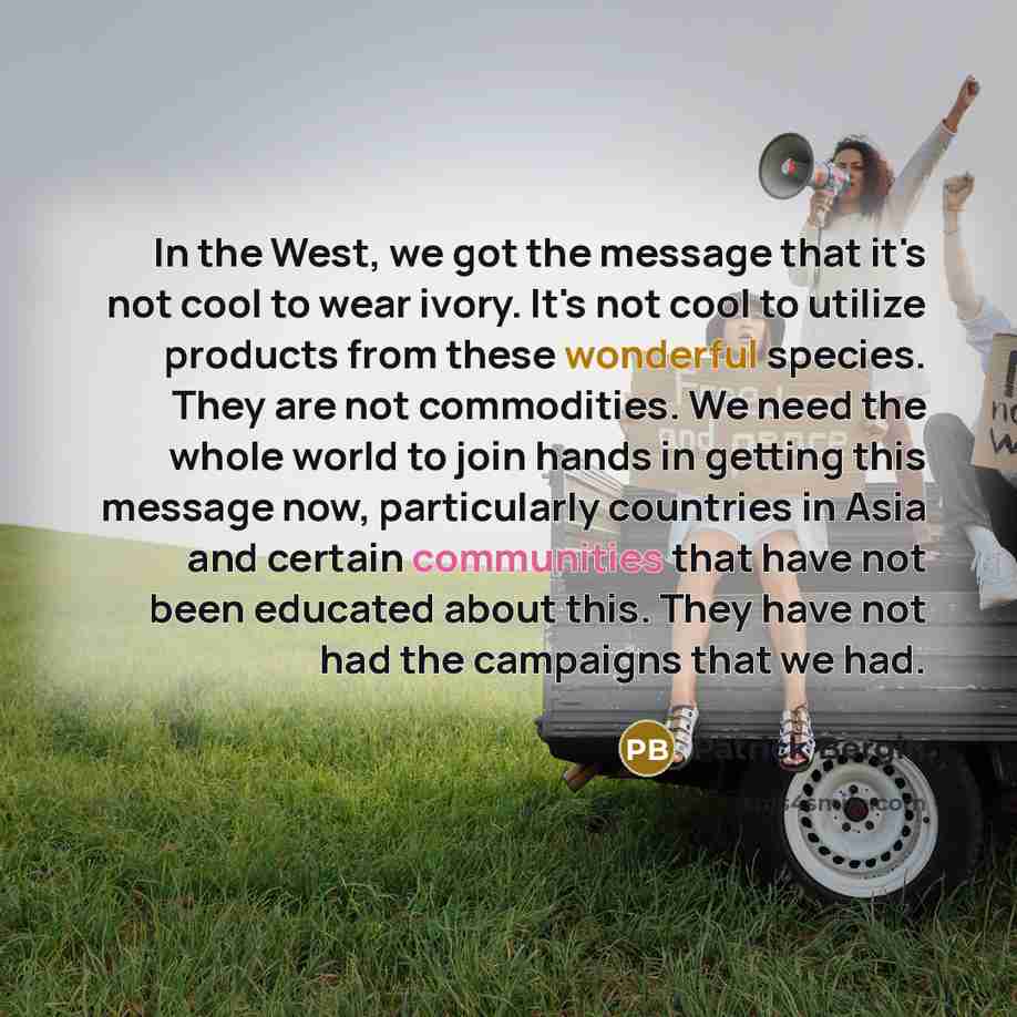“In the West, we got the message that it's not cool to wear ivory. It's not cool to utilize products from these wonderful species. They are not commodities. We need the whole world to join hands in getting this message now, particularly countries in Asia and certain communities that have not been…” quote by Patrick Bergin