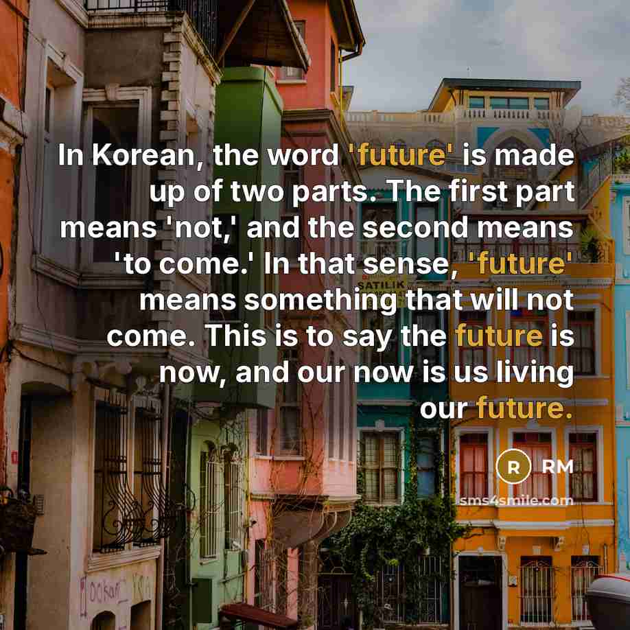 “In Korean, the word 'future' is made up of two parts. The first part means 'not,' and the second means 'to come.' In that sense, 'future' means something that will not come. This is to say the future is now, and our now is us living our future.” quote by RM