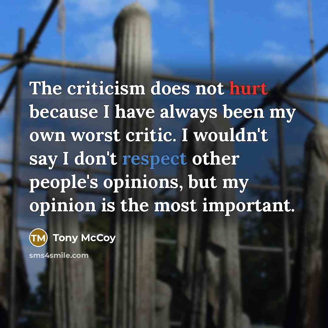 “The criticism does not hurt because I have always been my own worst critic. I wouldn't say I don't respect other people's opinions, but my opinion is the most important.” quote by Tony McCoy