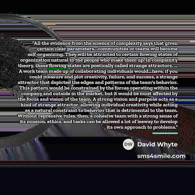 “All the evidence from the science of complexity says that given certain clear parameters...communities or teams will become self-organizing. They will be attracted to certain flowing states of organization natural to the people who make them up. In complexity theory, these flowing states are…” quote by David Whyte