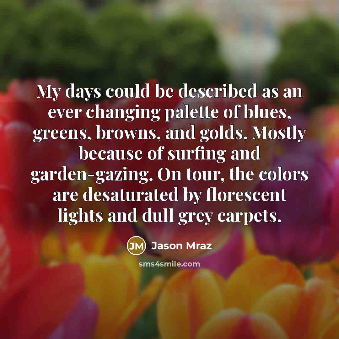 “My days could be described as an ever changing palette of blues, greens, browns, and golds. Mostly because of surfing and garden-gazing. On tour, the colors are desaturated by florescent lights and dull grey carpets.” quote by Jason Mraz