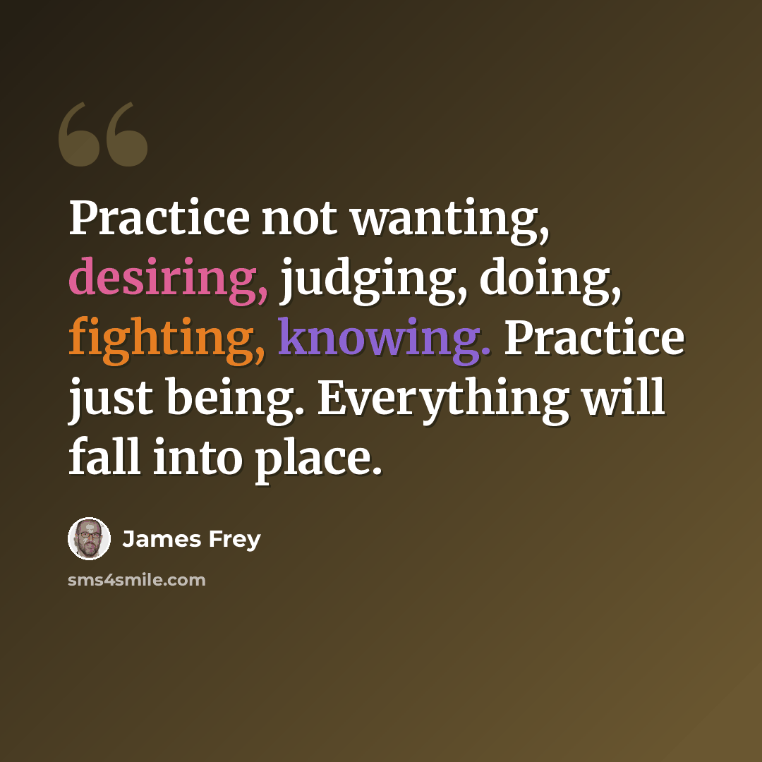 “Practice not wanting, desiring, judging, doing, fighting, knowing. Practice just being. Everything will fall into place.” quote by James Frey