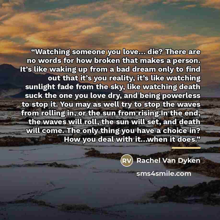 “Watching someone you love… die? There are no words for how broken that makes a person. It’s like waking up from a bad dream only to find out that it’s you reality, it’s like watching sunlight fade from the sky, like watching death suck the one you love dry, and being powerless to stop it. You may…” quote by Rachel Van Dyken
