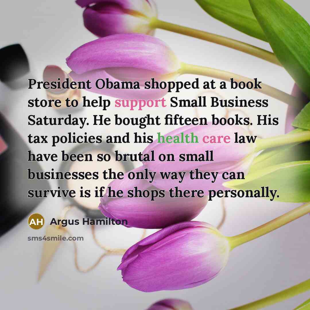 “President Obama shopped at a book store to help support Small Business Saturday. He bought fifteen books. His tax policies and his health care law have been so brutal on small businesses the only way they can survive is if he shops there personally.” quote by Argus Hamilton