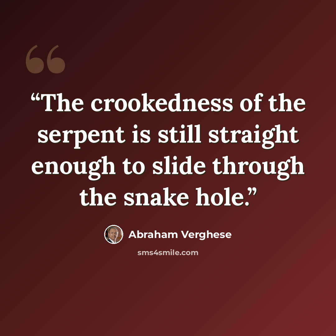 “The crookedness of the serpent is still straight enough to slide through the snake hole.” quote by Abraham Verghese
