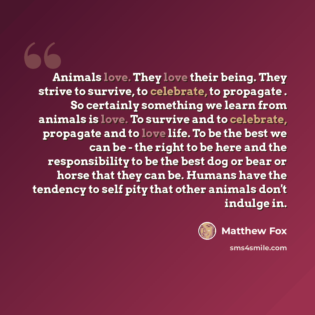 “Animals love. They love their being. They strive to survive, to celebrate, to propagate . So certainly something we learn from animals is love. To survive and to celebrate, propagate and to love life. To be the best we can be - the right to be here and the responsibility to be the best dog or bear…” quote by Matthew Fox