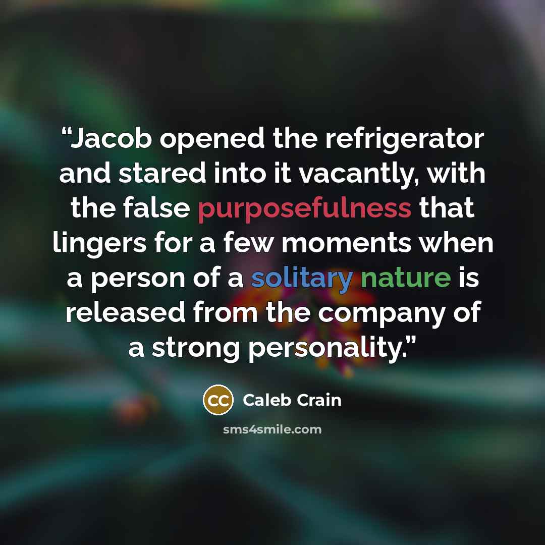 “Jacob opened the refrigerator and stared into it vacantly, with the false purposefulness that lingers for a few moments when a person of a solitary nature is released from the company of a strong personality.” quote by Caleb Crain