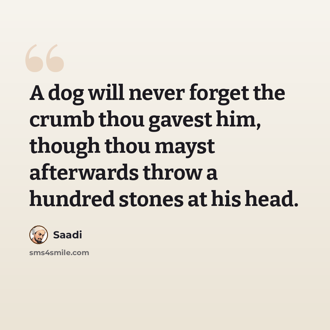 “A dog will never forget the crumb thou gavest him, though thou mayst afterwards throw a hundred stones at his head.” quote by Saadi