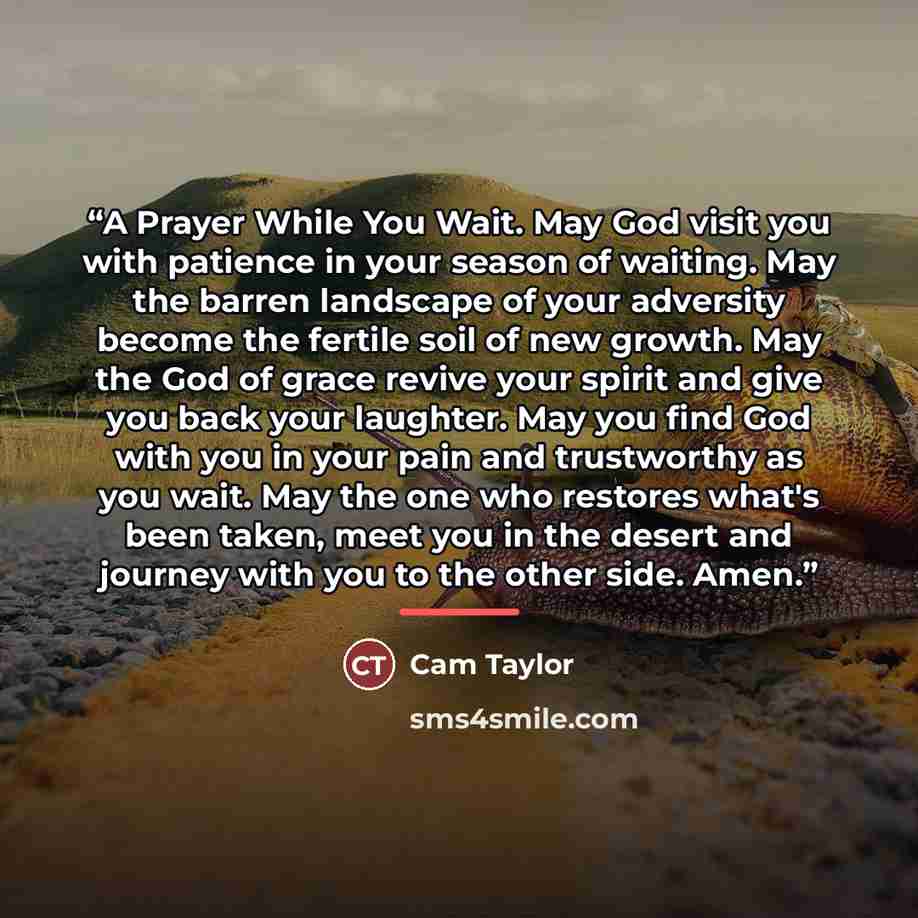“A Prayer While You Wait. May God visit you with patience in your season of waiting. May the barren landscape of your adversity become the fertile soil of new growth. May the God of grace revive your spirit and give you back your laughter. May you find God with you in your pain and trustworthy as…” quote by Cam Taylor
