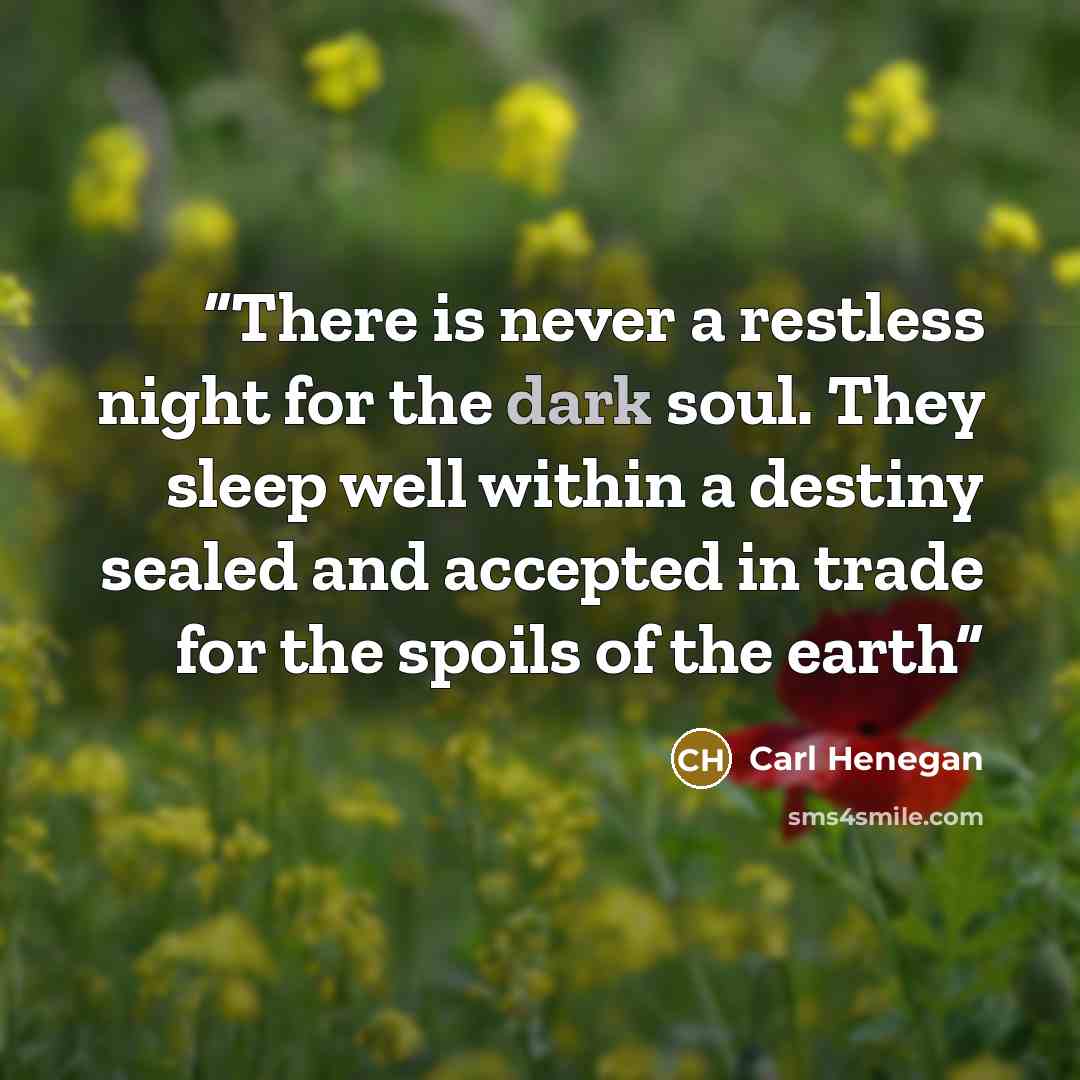 “There is never a restless night for the dark soul. They sleep well within a destiny sealed and accepted in trade for the spoils of the earth” quote by Carl Henegan