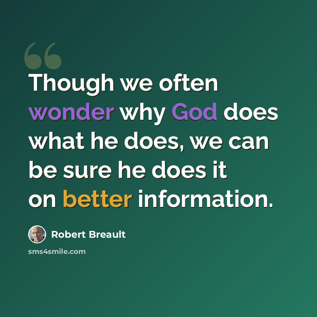 “Though we often wonder why God does what he does, we can be sure he does it on better information.” quote by Robert Breault