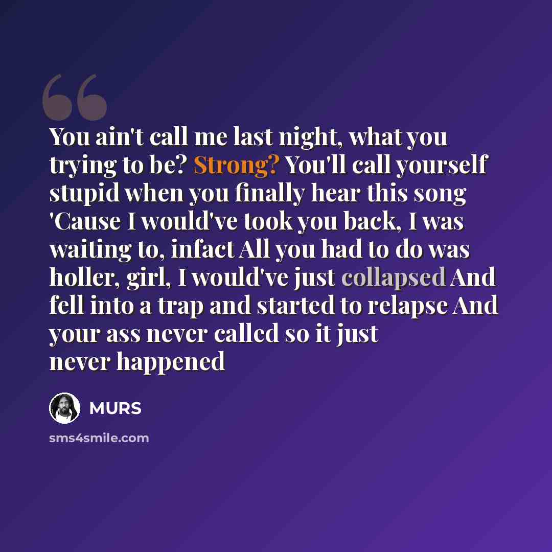 “You ain't call me last night, what you trying to be? Strong? You'll call yourself stupid when you finally hear this song 'Cause I would've took you back, I was waiting to, infact All you had to do was holler, girl, I would've just collapsed And fell into a trap and started to relapse And your ass…” quote by Murs