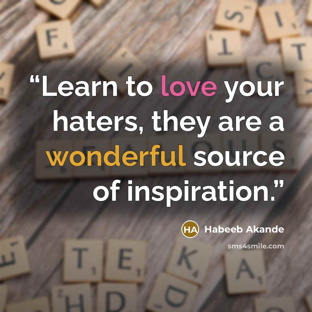 “Learn to love your haters, they are a wonderful source of inspiration.” quote by Habeeb Akande