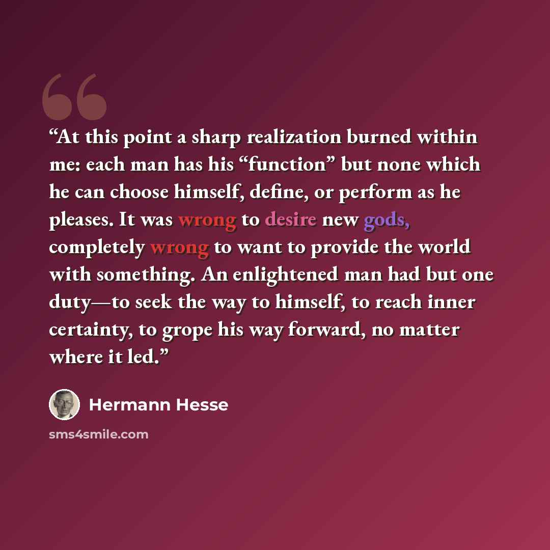 “At this point a sharp realization burned within me: each man has his “function” but none which he can choose himself, define, or perform as he pleases. It was wrong to desire new gods, completely wrong to want to provide the world with something. An enlightened man had but one duty—to seek the way…” quote by Hermann Hesse