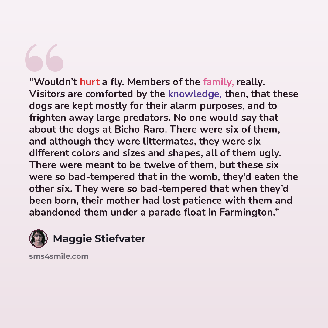 “Wouldn’t hurt a fly. Members of the family, really. Visitors are comforted by the knowledge, then, that these dogs are kept mostly for their alarm purposes, and to frighten away large predators. No one would say that about the dogs at Bicho Raro. There were six of them, and although they were…” quote by Maggie Stiefvater
