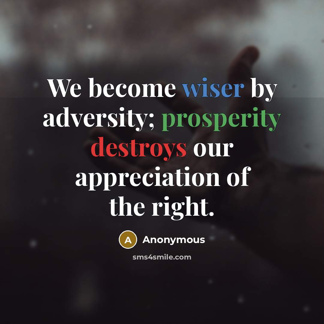 “We become wiser by adversity; prosperity destroys our appreciation of the right.” quote by Anonymous