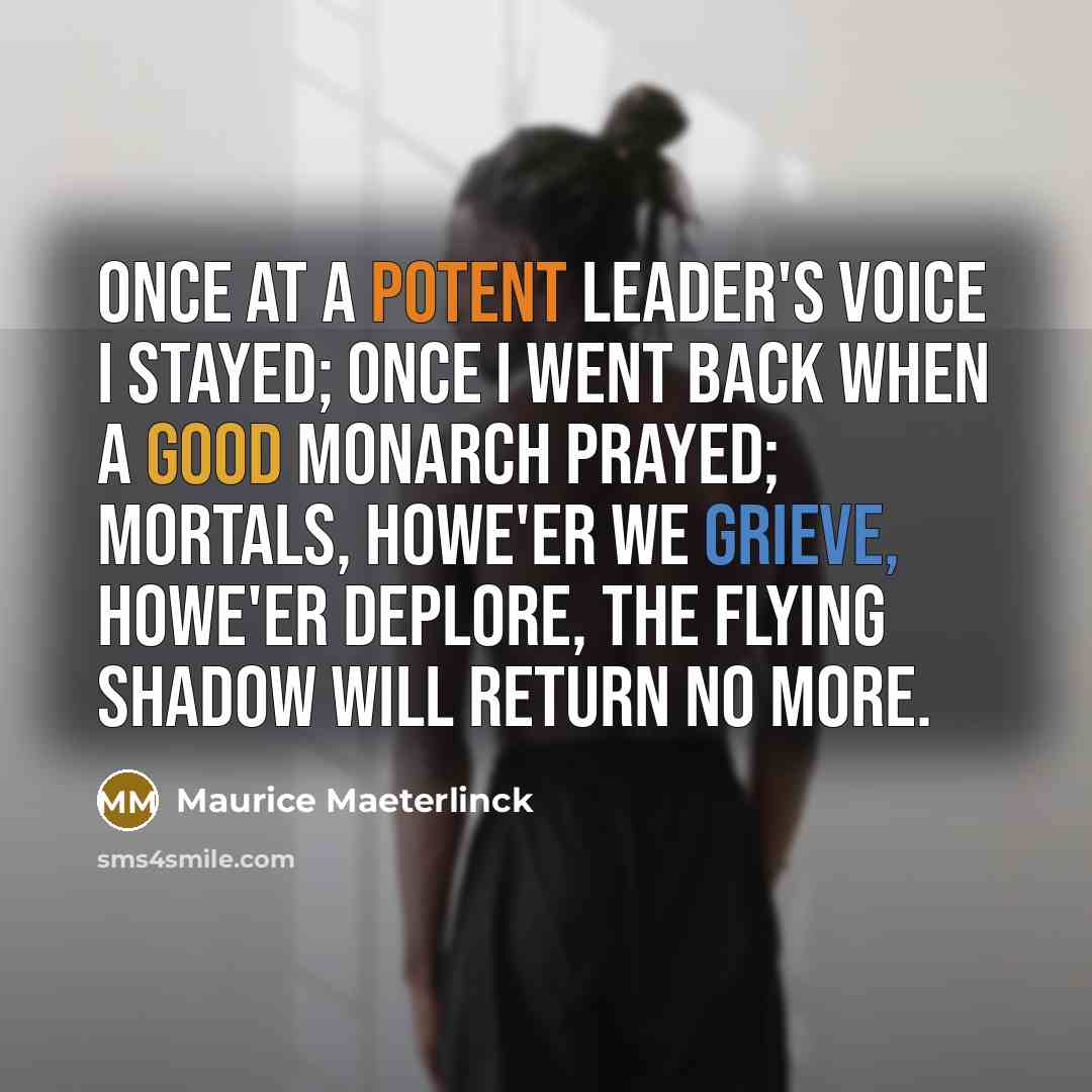 “Once at a potent leader's voice I stayed; Once I went back when a good monarch prayed; Mortals, howe'er we grieve, howe'er deplore, The flying shadow will return no more.” quote by Maurice Maeterlinck