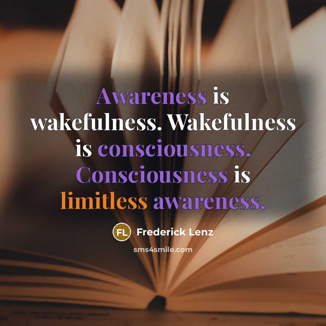 “Awareness is wakefulness. Wakefulness is consciousness. Consciousness is limitless awareness.” quote by Frederick Lenz