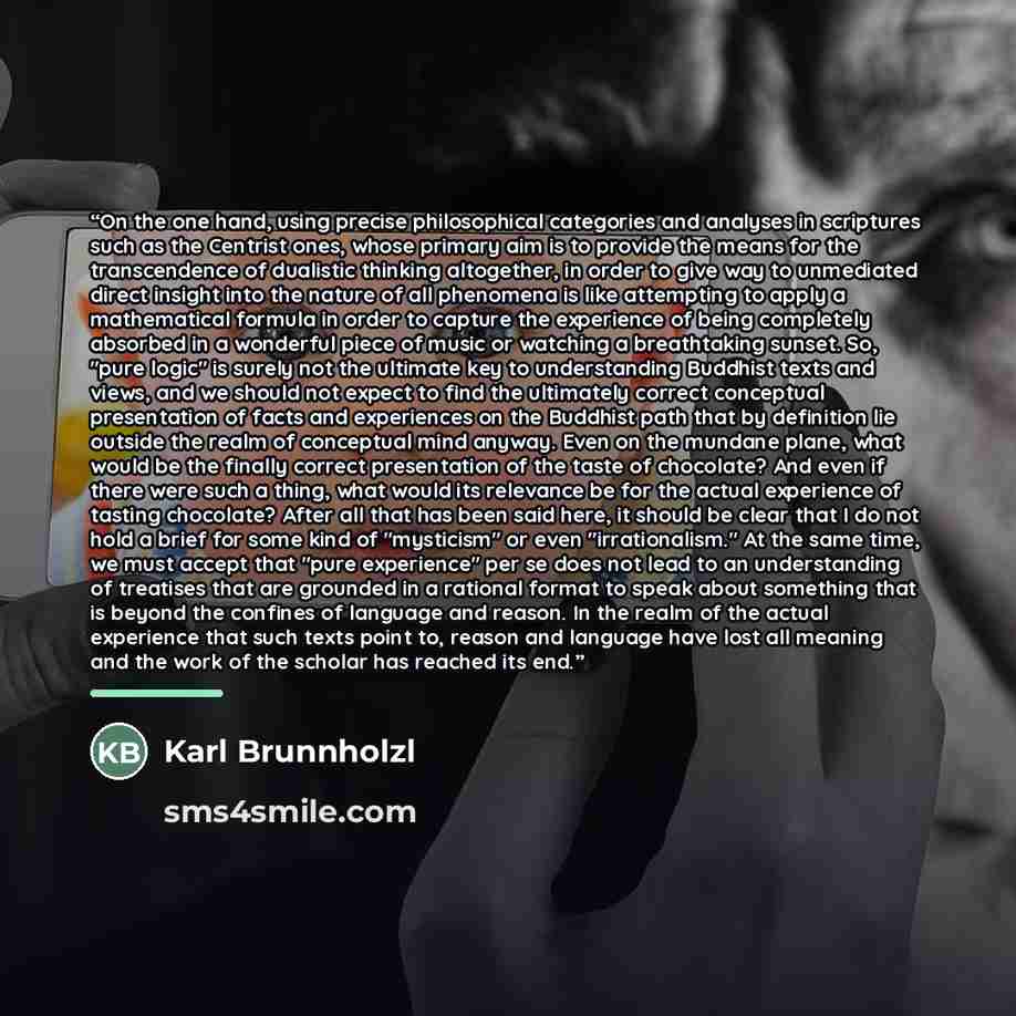 “On the one hand, using precise philosophical categories and analyses in scriptures such as the Centrist ones, whose primary aim is to provide the means for the transcendence of dualistic thinking altogether, in order to give way to unmediated direct insight into the nature of all phenomena is like…” quote by Karl Brunnholzl