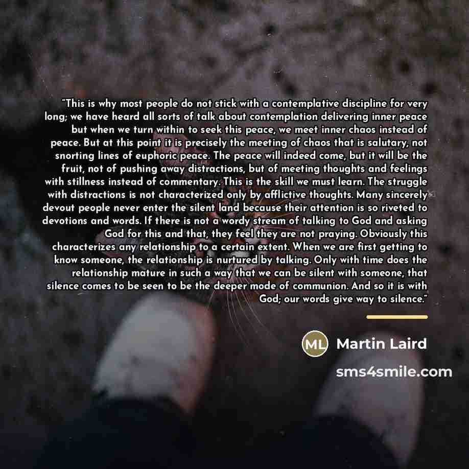 “This is why most people do not stick with a contemplative discipline for very long; we have heard all sorts of talk about contemplation delivering inner peace but when we turn within to seek this peace, we meet inner chaos instead of peace. But at this point it is precisely the meeting of chaos…” quote by Martin Laird