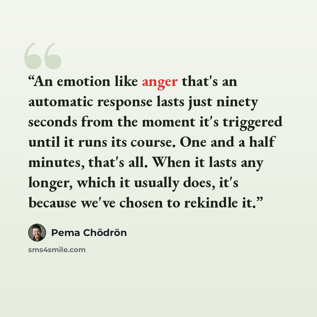 “An emotion like anger that's an automatic response lasts just ninety seconds from the moment it's triggered until it runs its course. One and a half minutes, that's all. When it lasts any longer, which it usually does, it's because we've chosen to rekindle it.” quote by Pema Chodron