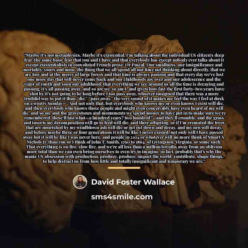 “Maybe it’s not metaphysics. Maybe it’s existential. I’m talking about the individual US citizen’s deep fear, the same basic fear that you and I have and that everybody has except nobody ever talks about it except existentialists in convoluted French prose. Or Pascal. Our smallness, our…” quote by David Foster Wallace