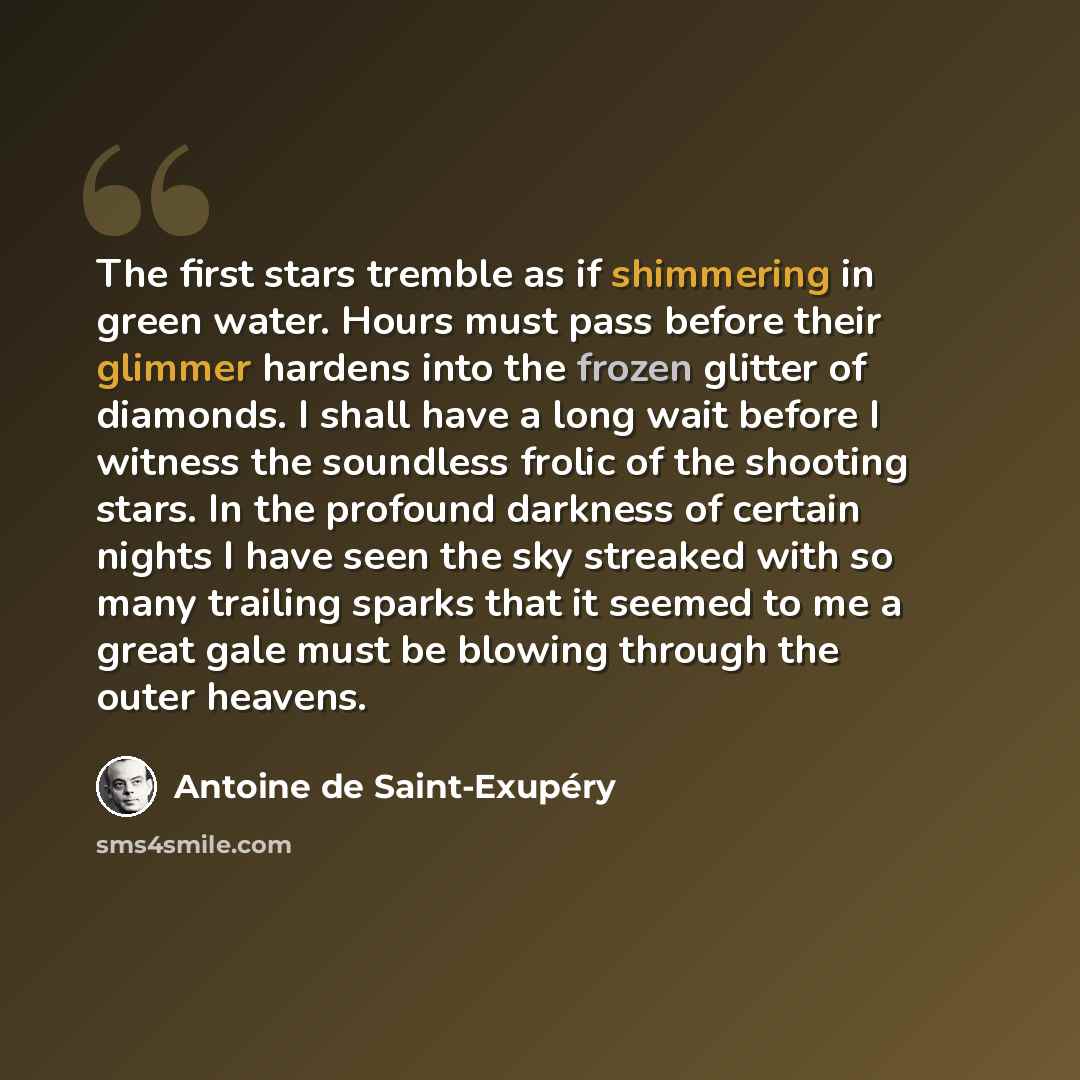 “The first stars tremble as if shimmering in green water. Hours must pass before their glimmer hardens into the frozen glitter of diamonds. I shall have a long wait before I witness the soundless frolic of the shooting stars. In the profound darkness of certain nights I have seen the sky streaked…” quote by Antoine de Saint-Exupery