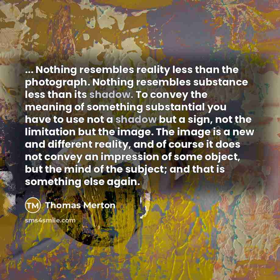 “... Nothing resembles reality less than the photograph. Nothing resembles substance less than its shadow. To convey the meaning of something substantial you have to use not a shadow but a sign, not the limitation but the image. The image is a new and different reality, and of course it does not…” quote by Thomas Merton