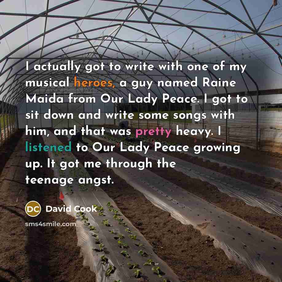 “I actually got to write with one of my musical heroes, a guy named Raine Maida from Our Lady Peace. I got to sit down and write some songs with him, and that was pretty heavy. I listened to Our Lady Peace growing up. It got me through the teenage angst.” quote by David Cook