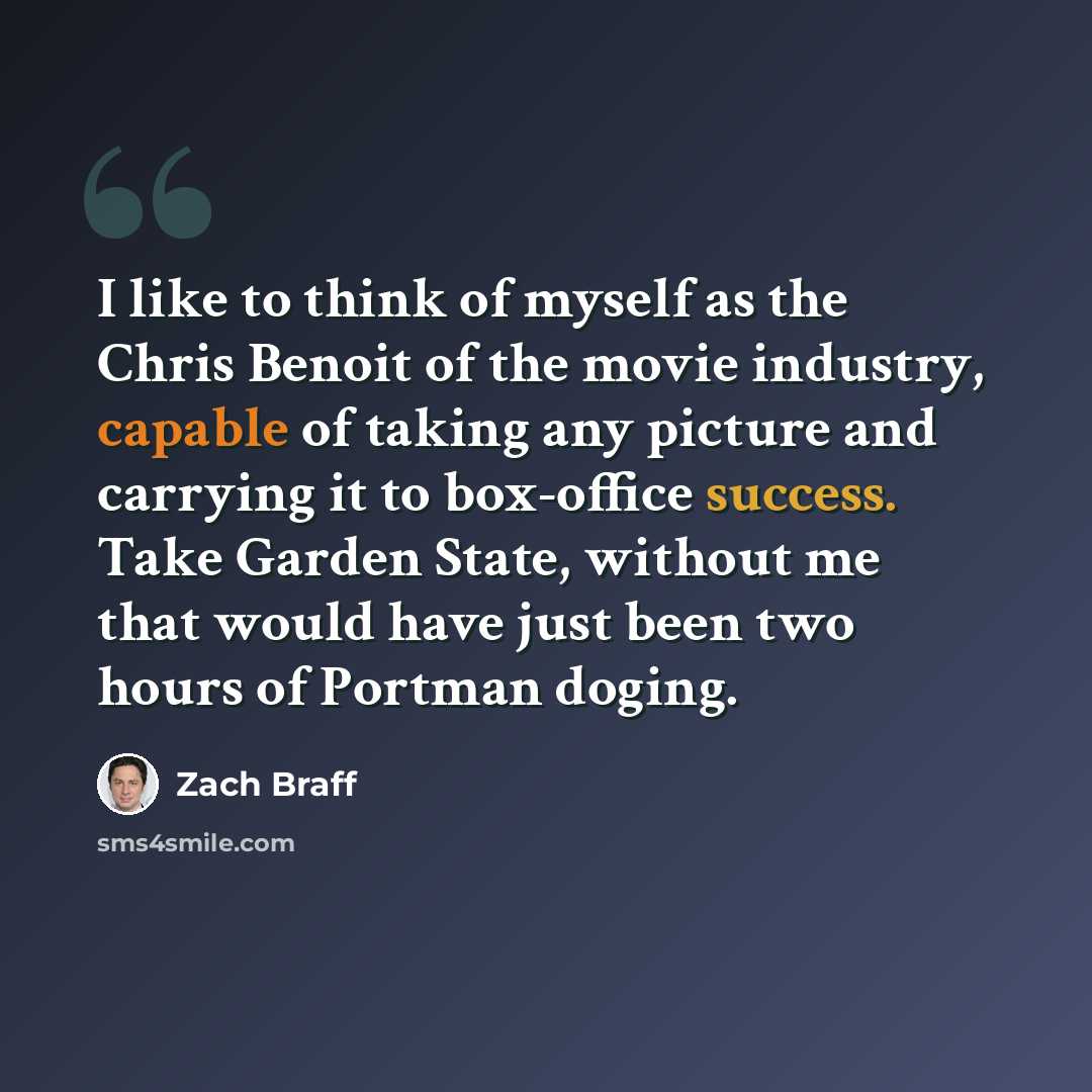 “I like to think of myself as the Chris Benoit of the movie industry, capable of taking any picture and carrying it to box-office success. Take Garden State, without me that would have just been two hours of Portman doging.” quote by Zach Braff