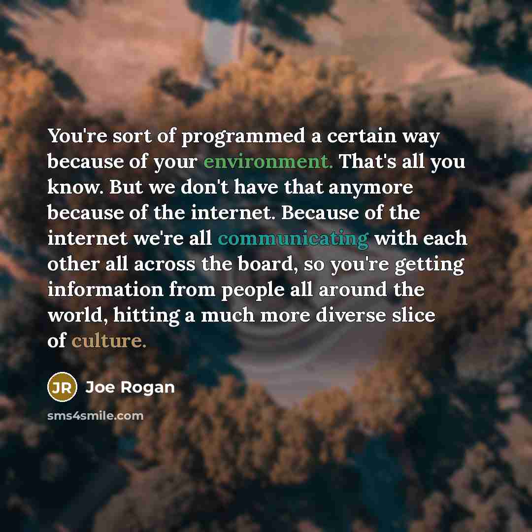 “You're sort of programmed a certain way because of your environment. That's all you know. But we don't have that anymore because of the internet. Because of the internet we're all communicating with each other all across the board, so you're getting information from people all around the world…” quote by Joe Rogan