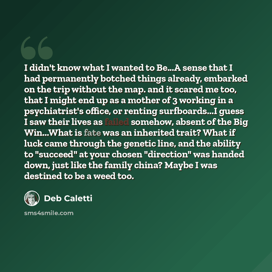 “I didn't know what I wanted to Be...A sense that I had permanently botched things already, embarked on the trip without the map. and it scared me too, that I might end up as a mother of 3 working in a psychiatrist's office, or renting surfboards...I guess I saw their lives as failed somehow…” quote by Deb Caletti