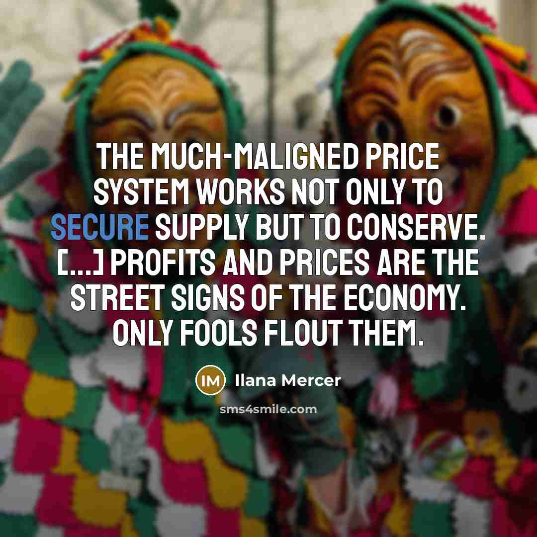 “The much-maligned price system works not only to secure supply but to conserve. [...] Profits and prices are the street signs of the economy. Only fools flout them.” quote by Ilana Mercer
